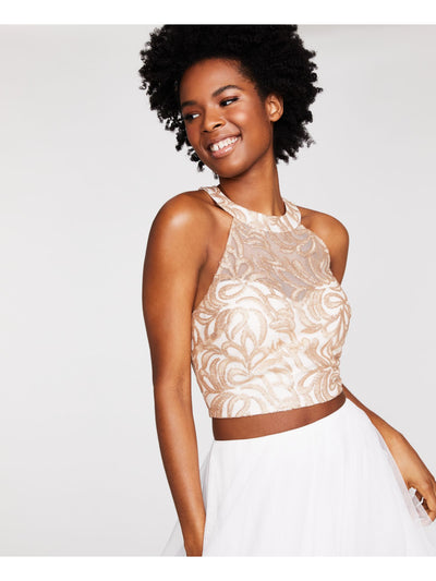 SAY YES TO THE PROM Womens White Embroidered High Neckline Sweetheart Bust Prom Crop Top 7