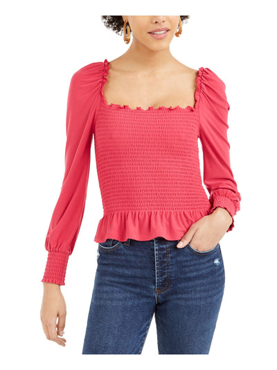 BAR III Womens Pink Ribbed Ruffled Long Sleeve Square Neck Blouse L