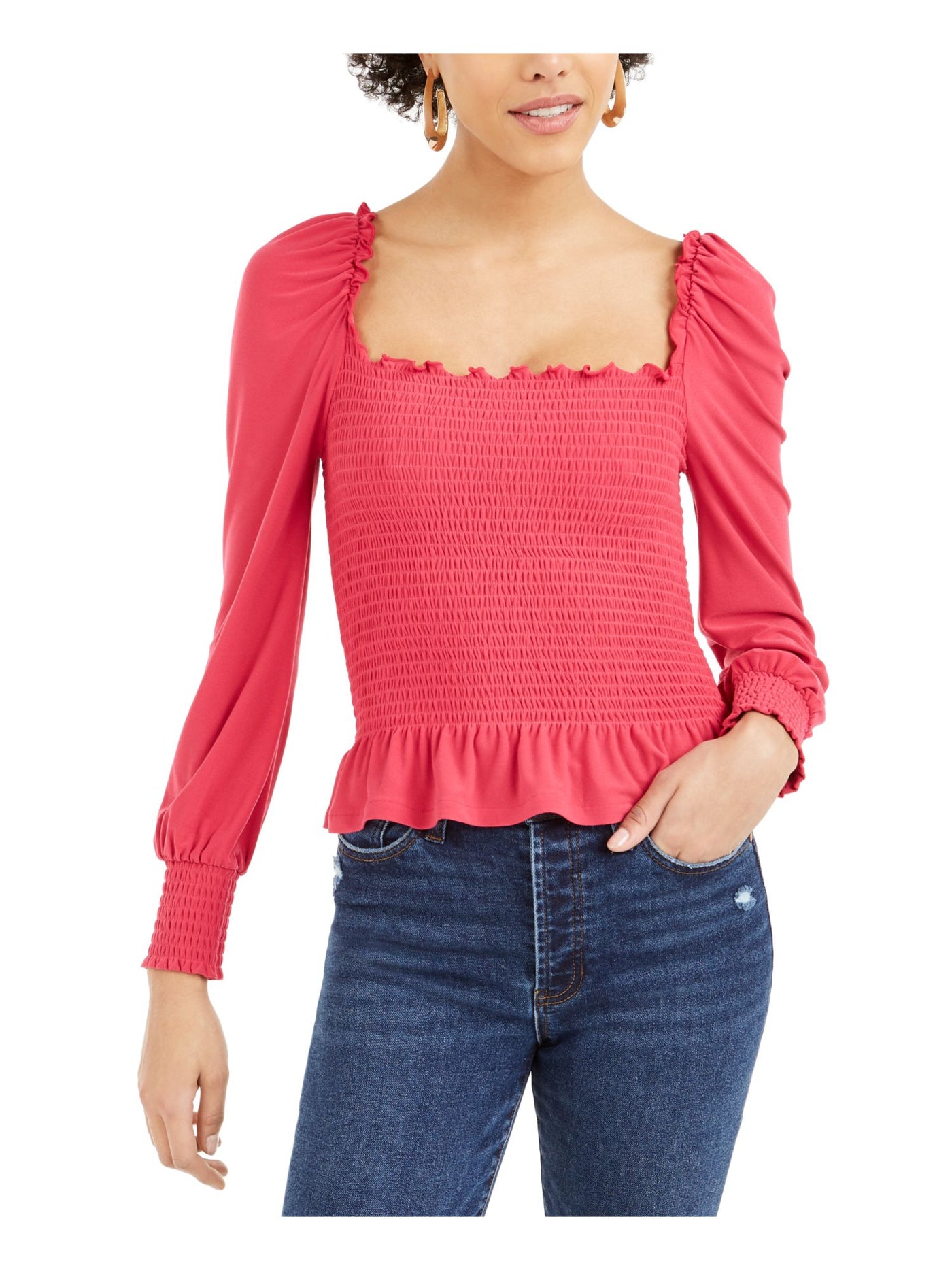 BAR III Womens Pink Ribbed Ruffled Long Sleeve Square Neck Blouse L