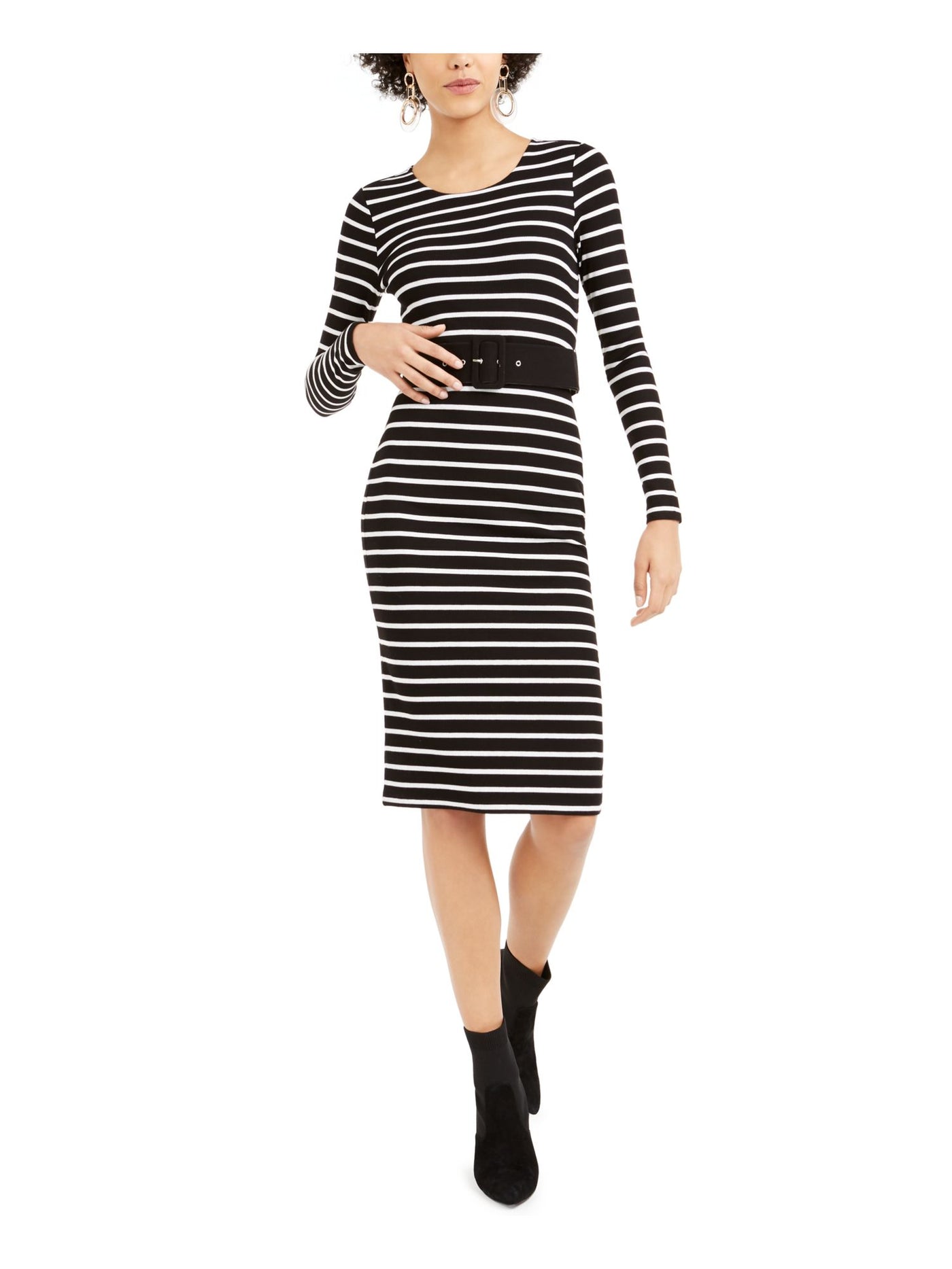 BAR III Womens Belted Long Sleeve Jewel Neck Knee Length Pencil Dress