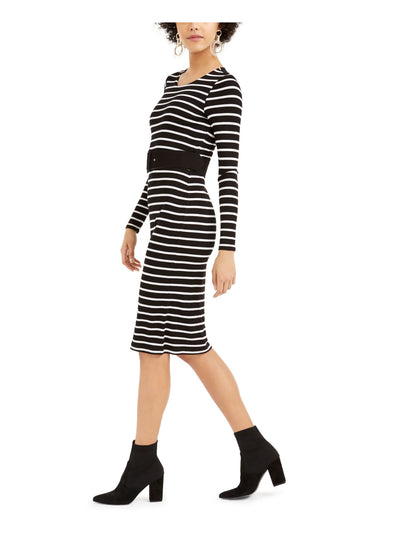 BAR III Womens Black Belted Striped Long Sleeve Jewel Neck Knee Length Pencil Dress S