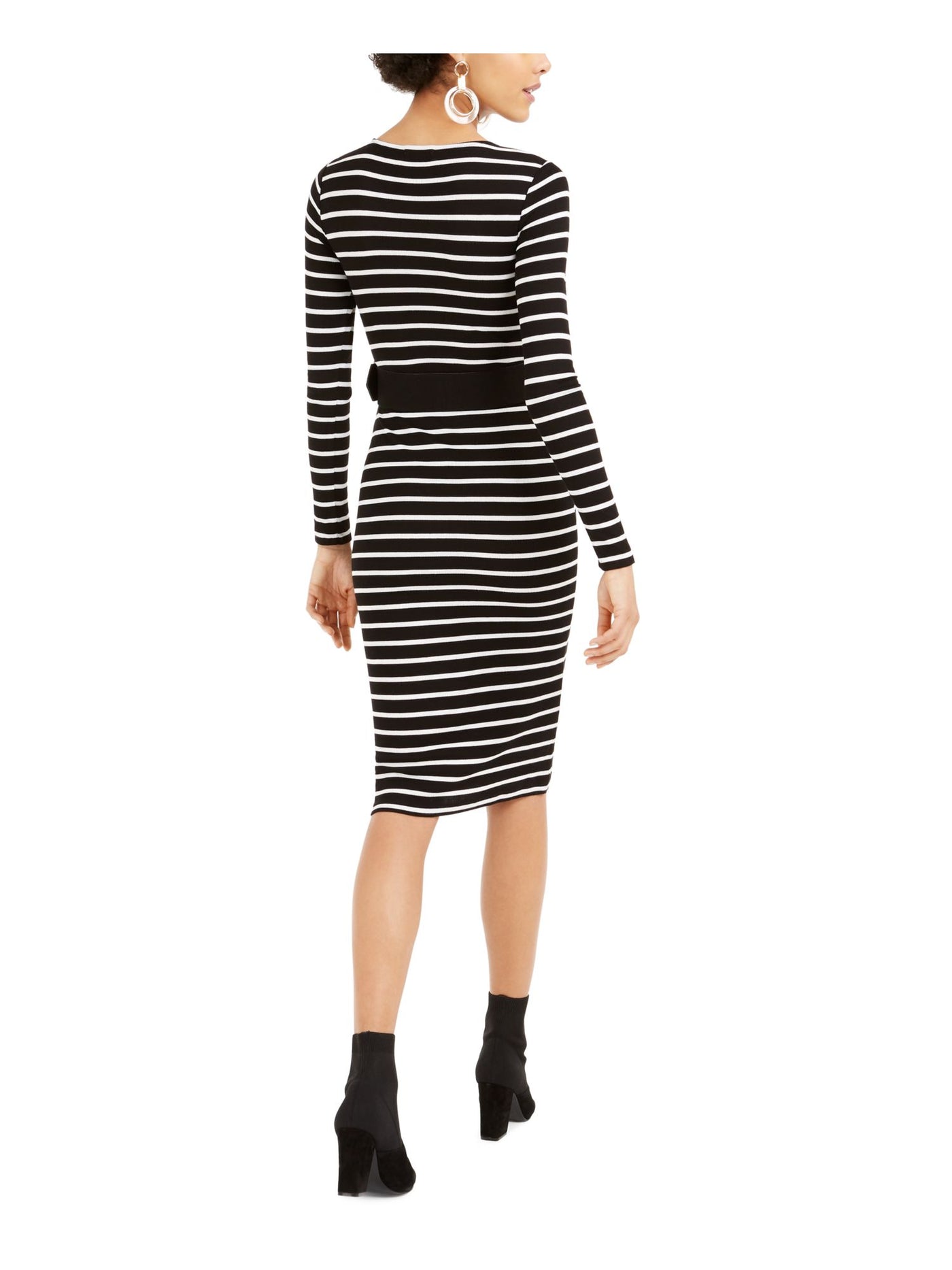 BAR III Womens Black Belted Striped Long Sleeve Jewel Neck Knee Length Pencil Dress S