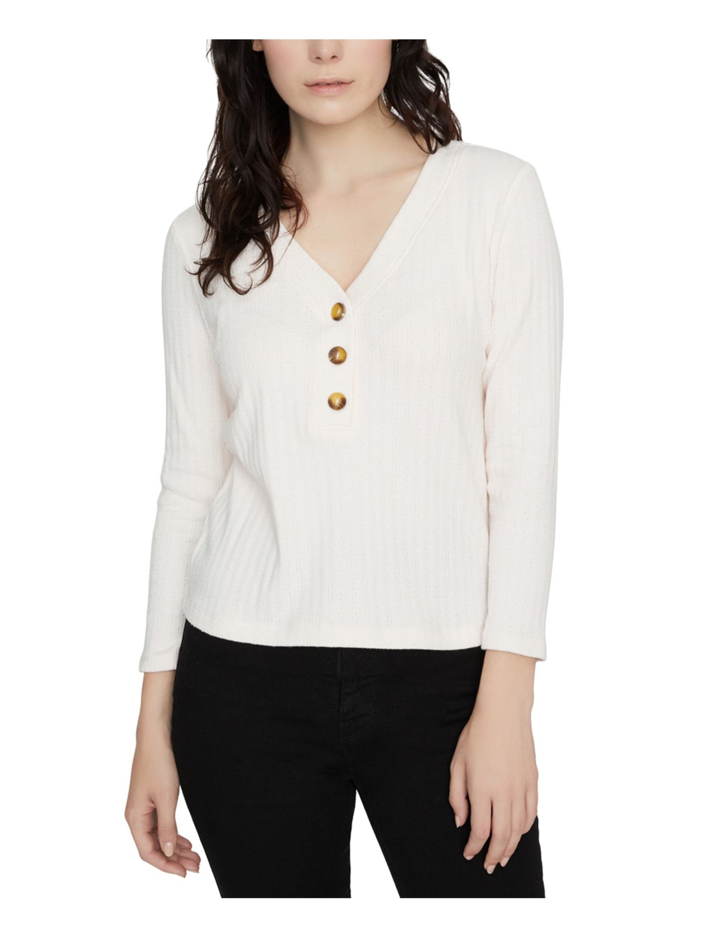 SANCTUARY Womens Ivory Pinstripe 3/4 Sleeve With Buttons Sweater XS