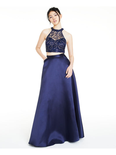 SAY YES TO THE PROM Womens Navy Lace Sleeveless Halter Full-Length Formal Shift Dress Juniors 9