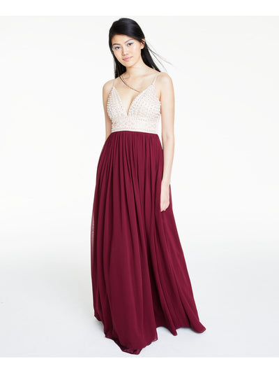 SAY YES TO THE PROM Womens Maroon Beaded Spaghetti Strap V Neck Full-Length Formal Empire Waist Dress 7