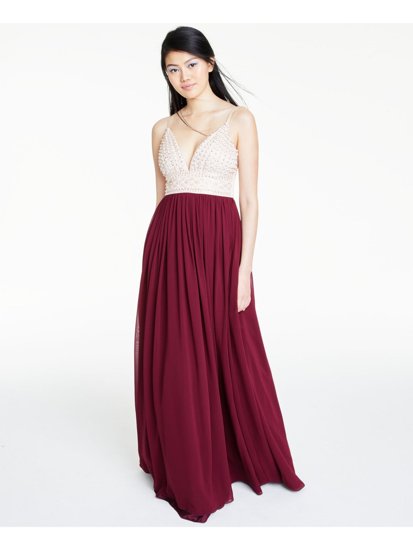 SAY YES TO THE PROM Womens Maroon Beaded Spaghetti Strap V Neck Full-Length Formal Empire Waist Dress 13