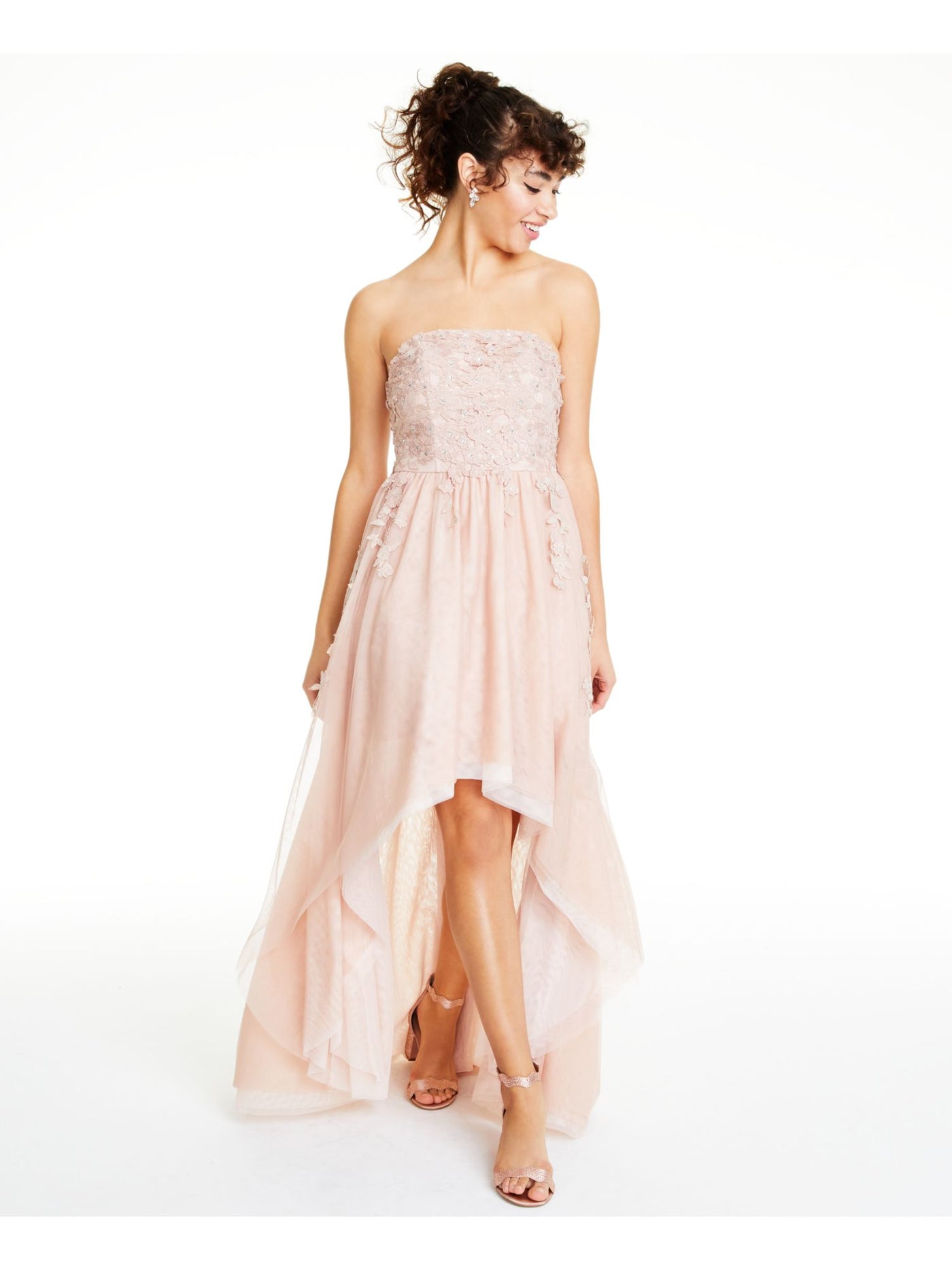 SPEECHLESS Womens Pink Embellished Sheer Floral Sleeveless Sweetheart Neckline  Hi-Lo Prom Dress Juniors 9