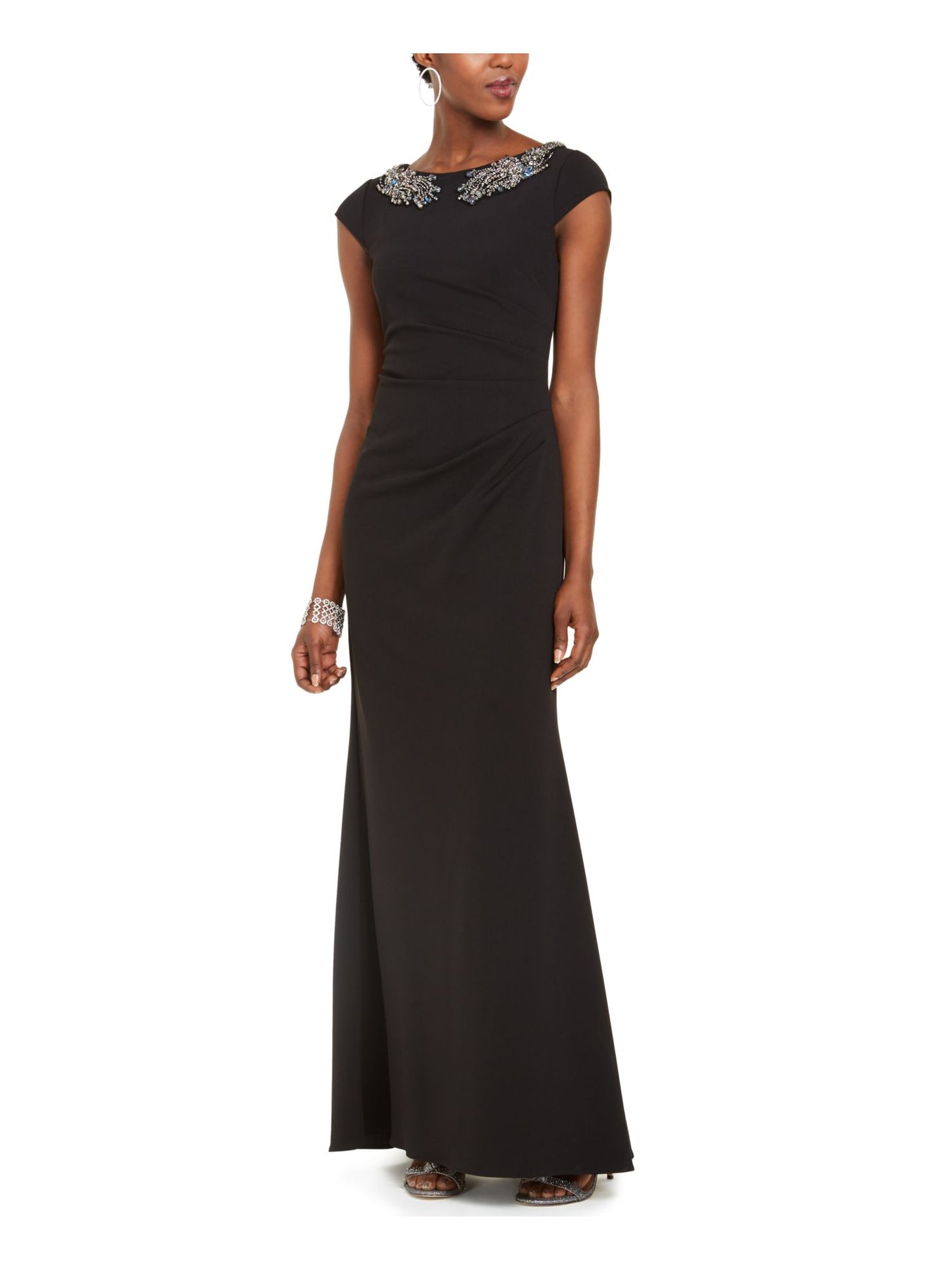 ADRIANNA PAPELL Womens Black Beaded Cap Sleeve Jewel Neck Full-Length Formal Sheath Dress 8