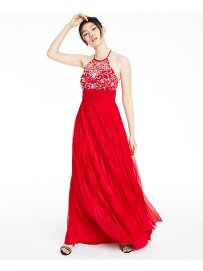 B DARLIN Womens Red Embellished Sleeveless Halter Full-Length Prom Fit + Flare Dress 0