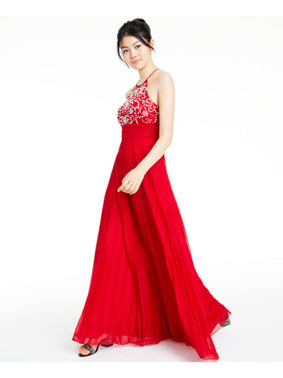 B DARLIN Womens Red Embellished Sleeveless Halter Full-Length Prom Fit + Flare Dress Juniors 11\12