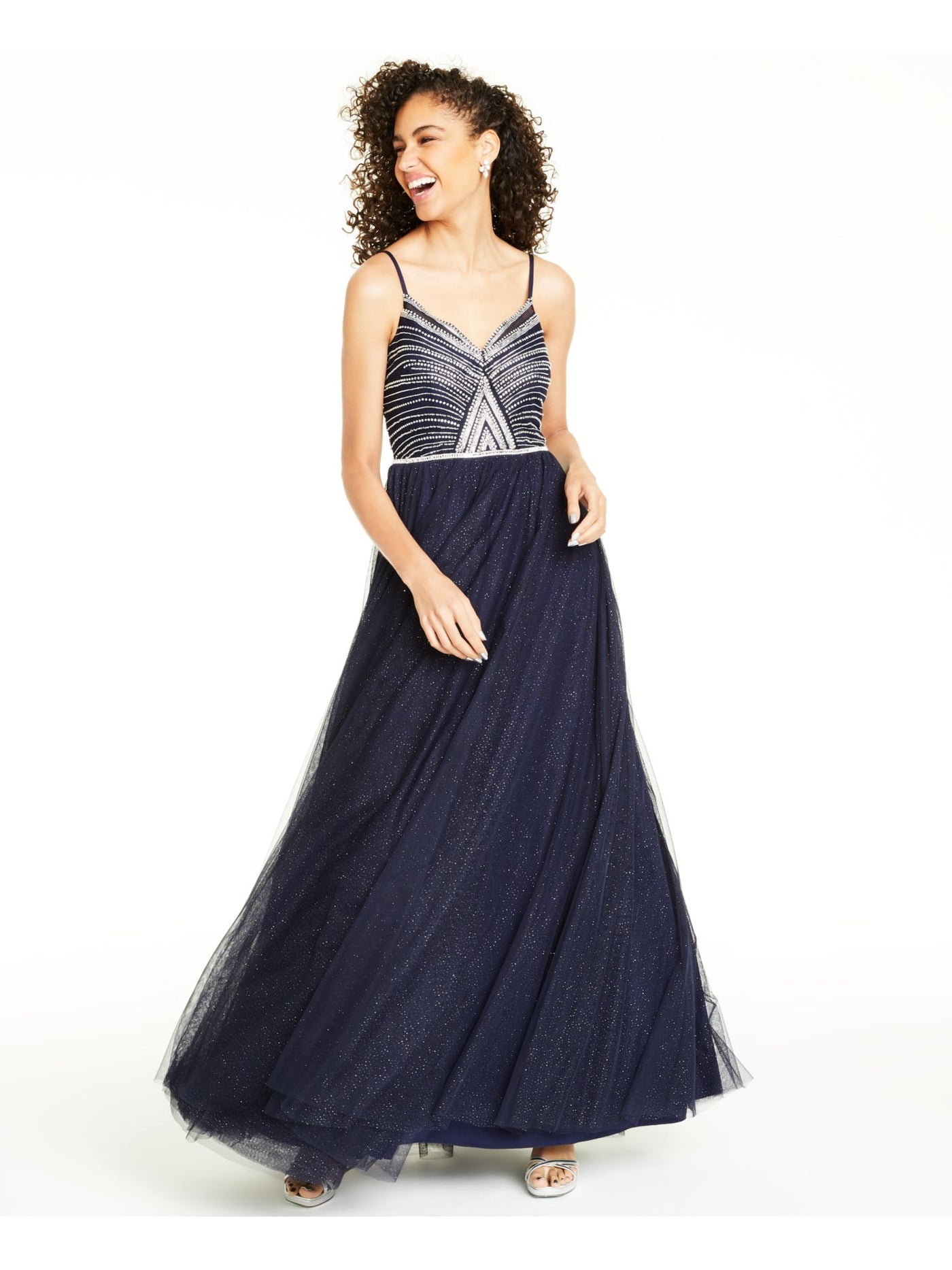 SAY YES TO THE PROM Womens Navy Glitter Sheer Spaghetti Strap Sweetheart Neckline Full-Length Formal Fit + Flare Dress Juniors 5