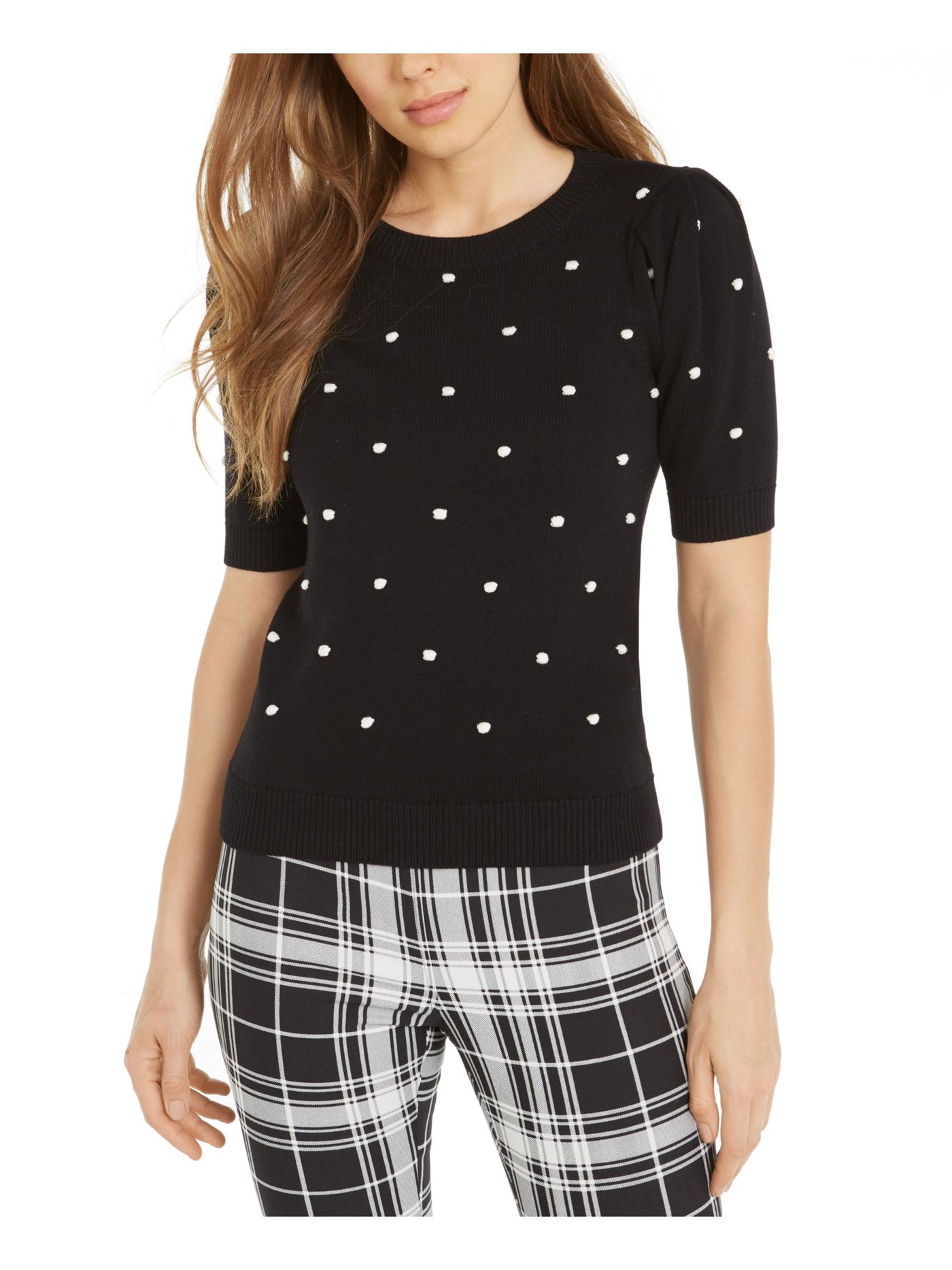 MAISON JULES Womens Black Embroidered Polka Dot Short Sleeve Jewel Neck Sweater XL
