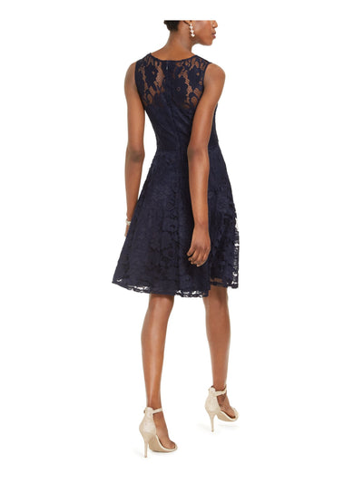 TAHARI Womens Navy Lace Floral Sleeveless Jewel Neck Above The Knee Party Trapeze Dress 6