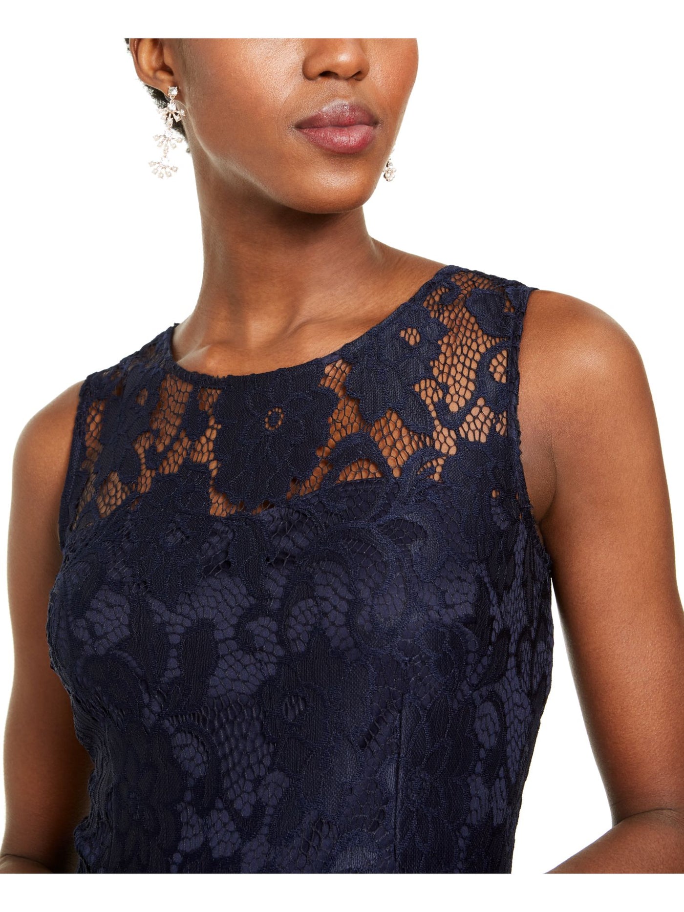 TAHARI Womens Navy Lace Floral Sleeveless Jewel Neck Above The Knee Party Trapeze Dress 6