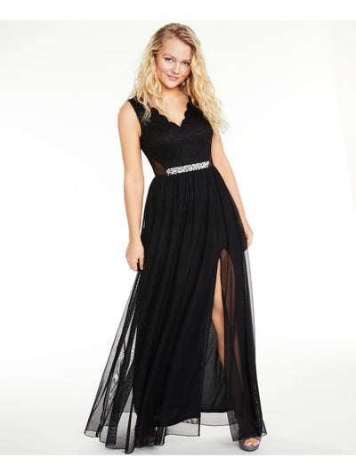 BCX DRESS Womens Black Glitter Embellished Sleeveless V Neck Full-Length Formal Empire Waist Dress Juniors 1