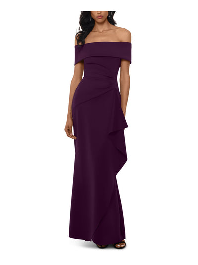 XSCAPE Womens Purple Ruffled Short Sleeve Off Shoulder Full-Length Evening Sheath Dress 6