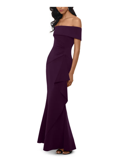 XSCAPE Womens Purple Ruffled Short Sleeve Off Shoulder Full-Length Evening Sheath Dress 6