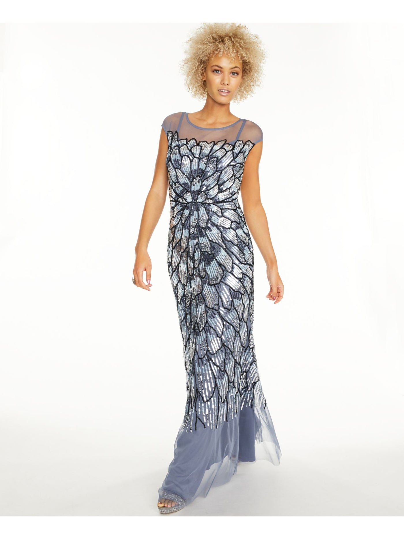 ADRIANNA PAPELL Womens Sequined Sheer Cap Sleeve Illusion Neckline Full-Length Evening Mermaid Dress