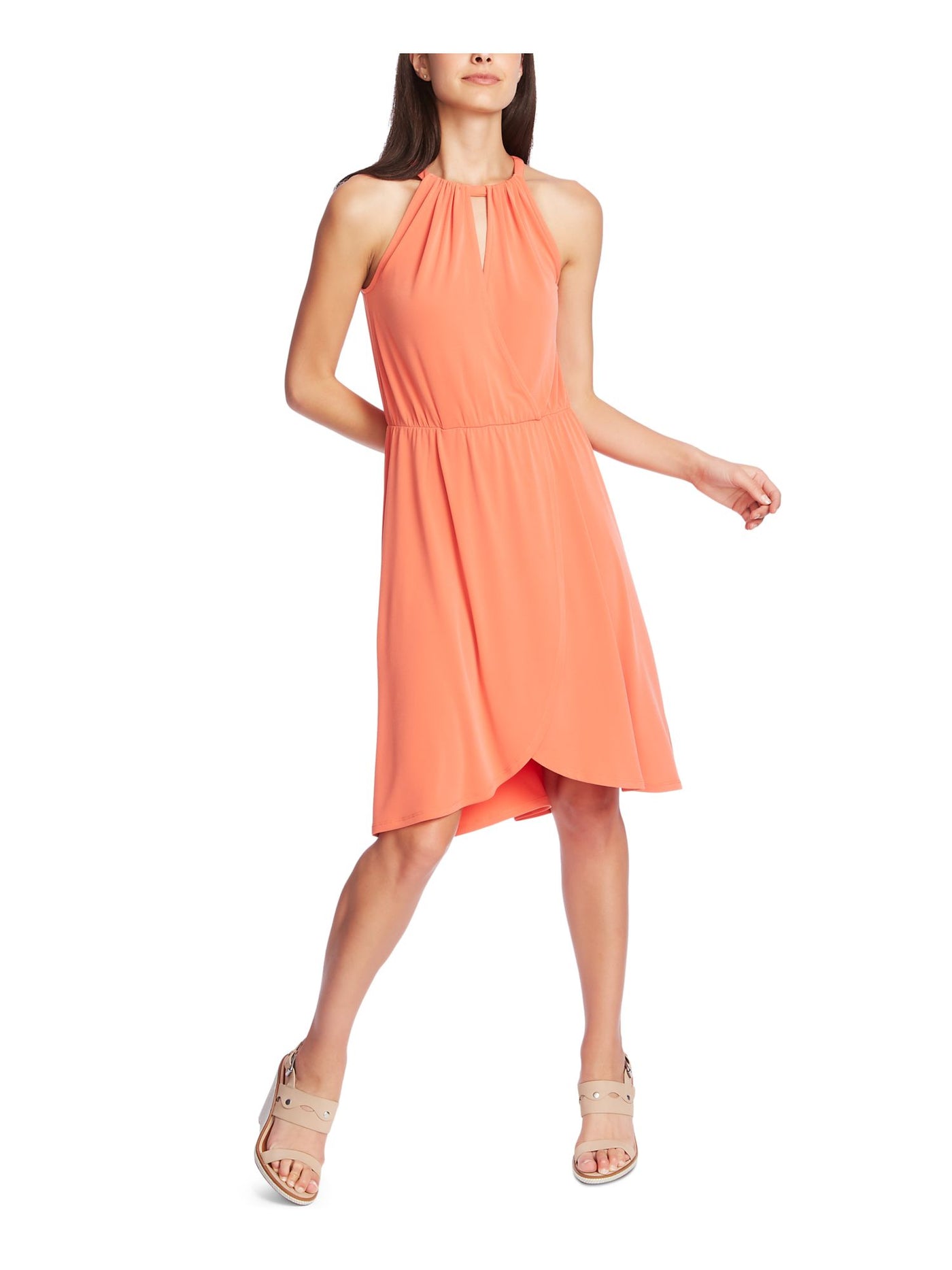 knee length tulip dress Andrew Marc Sheath Dress Tulip Short Sleeve Clay Knee Length Round Neck Size 6