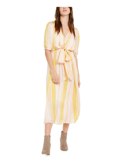 LEYDEN Womens Tie Short Sleeve V Neck Tea-Length Formal Blouson Dress