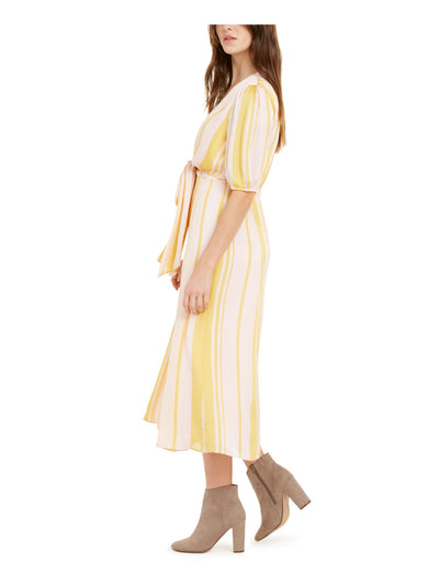 LEYDEN Womens Tie Short Sleeve V Neck Tea-Length Formal Blouson Dress