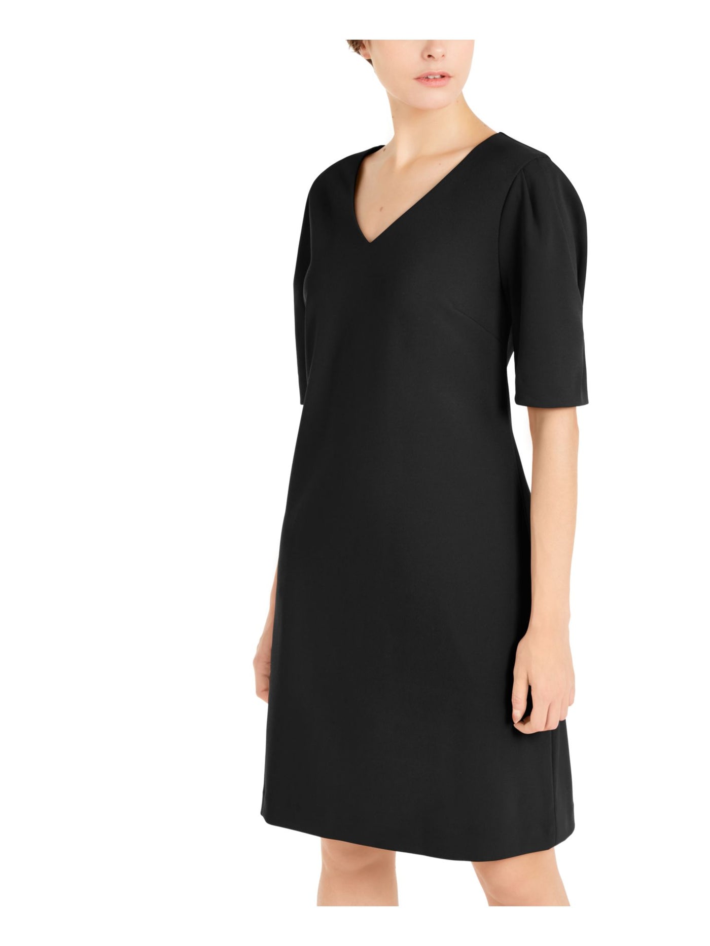 ALFANI Womens Black Short Sleeve V Neck Above The Knee Shift Dress S