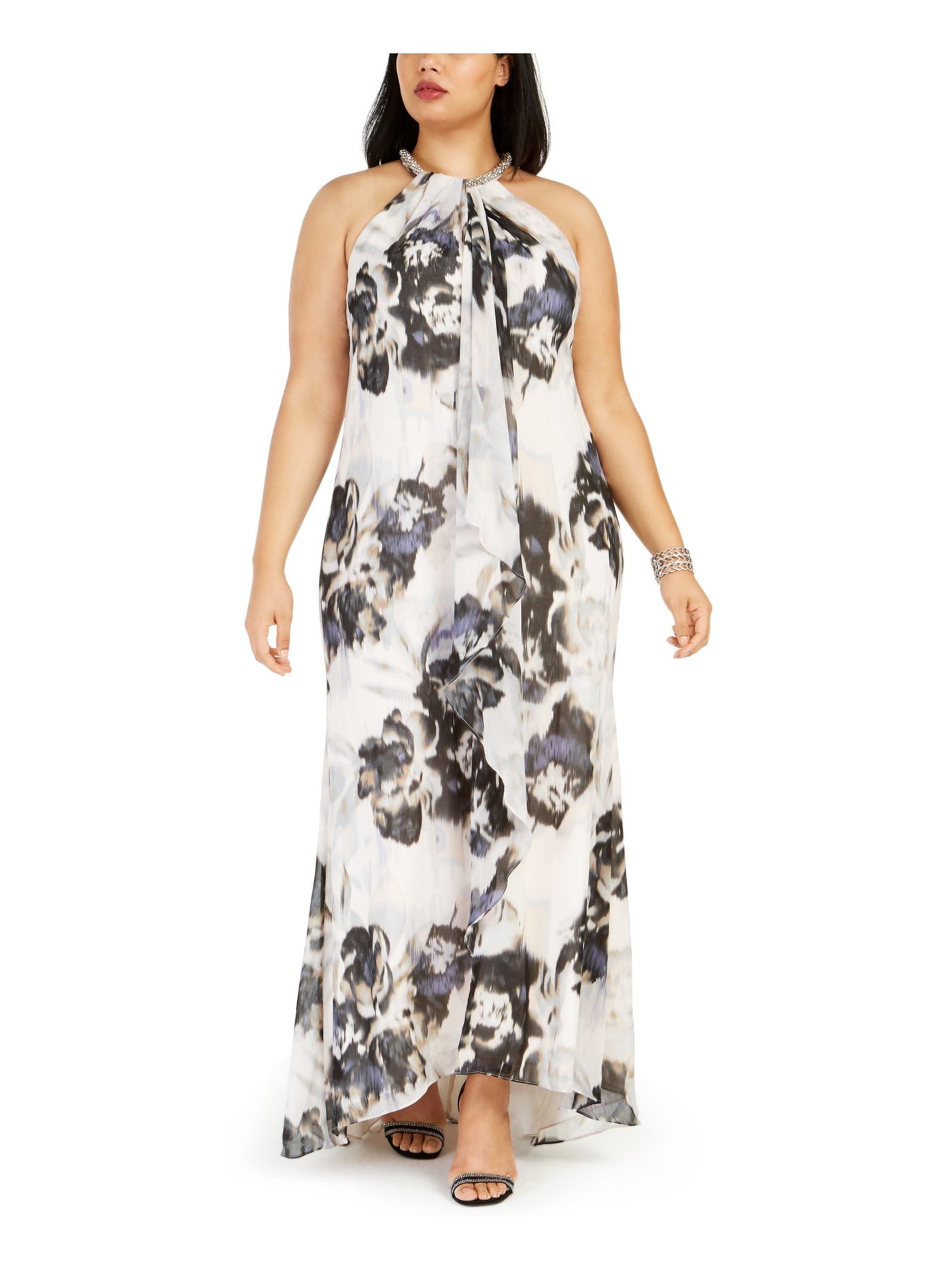 CALVIN KLEIN Womens Ivory Beaded Slitted Floral Sleeveless Halter Full-Length Formal Hi-Lo Dress Plus 20W