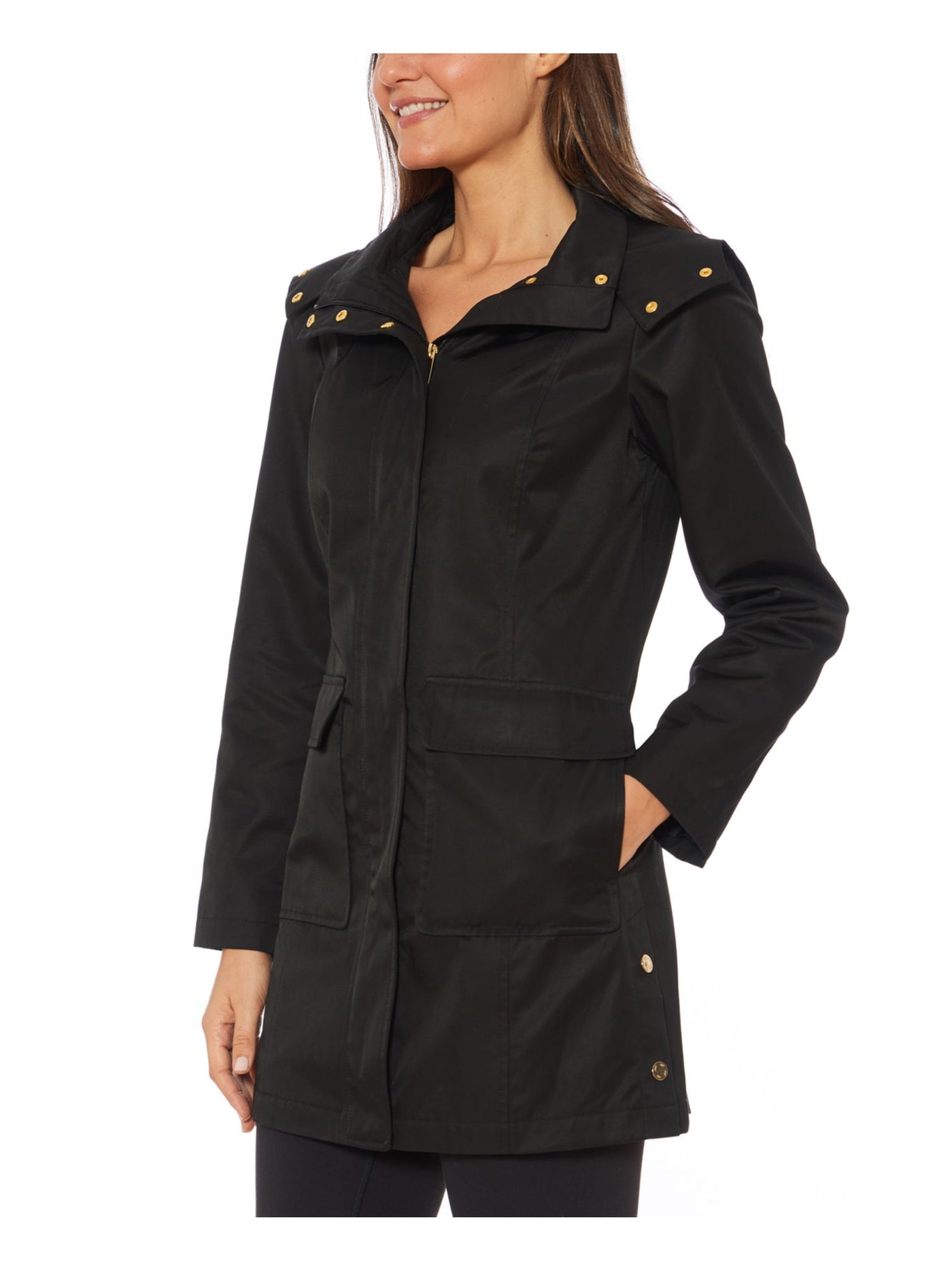 JONES NY Womens Black Pocketed Zippered Hooded Snap-collar Water-resista Raincoat M