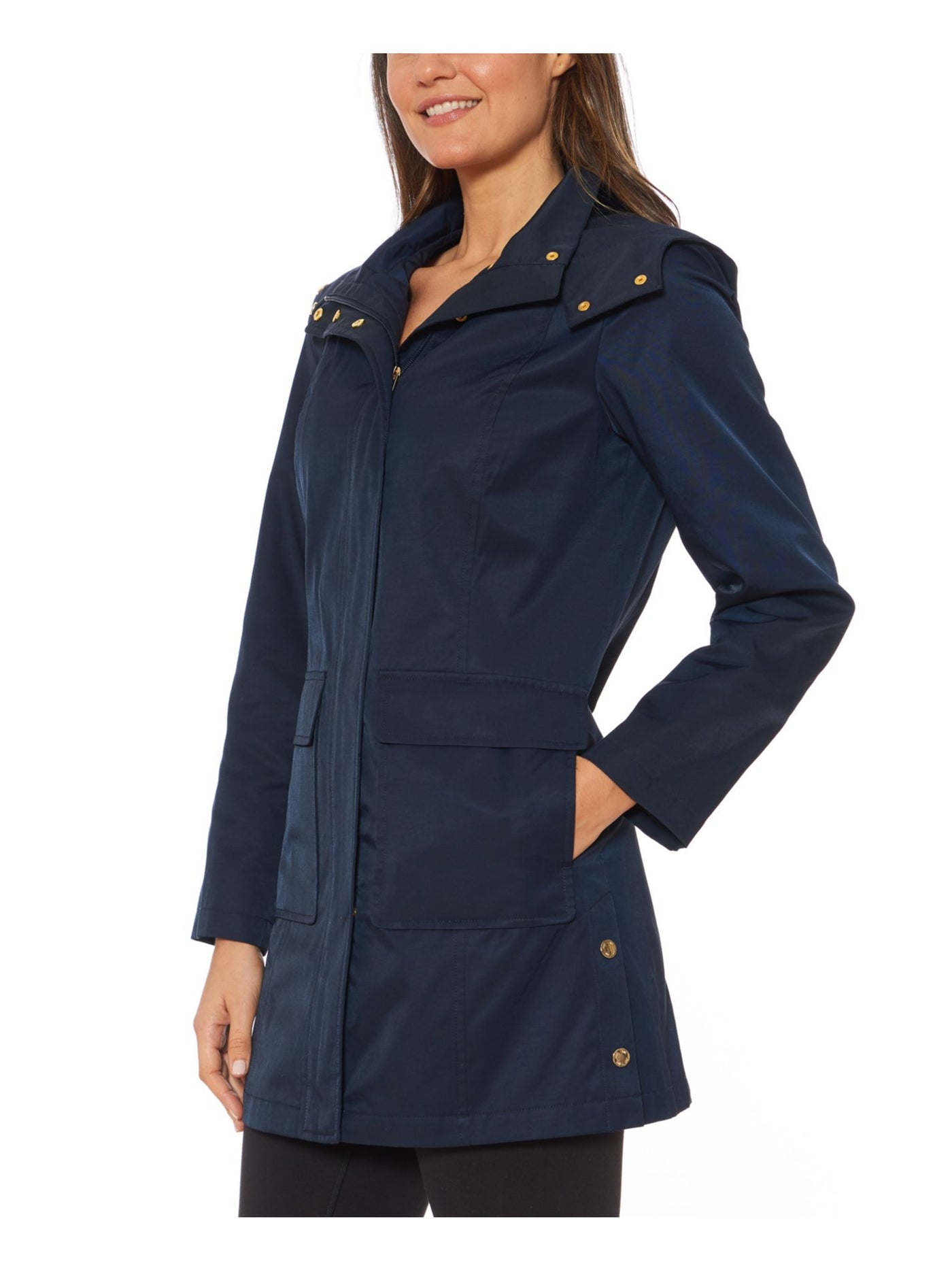 JONES NY Womens Pocketed Zippered Hooded Snap-collar Water-resista Raincoat