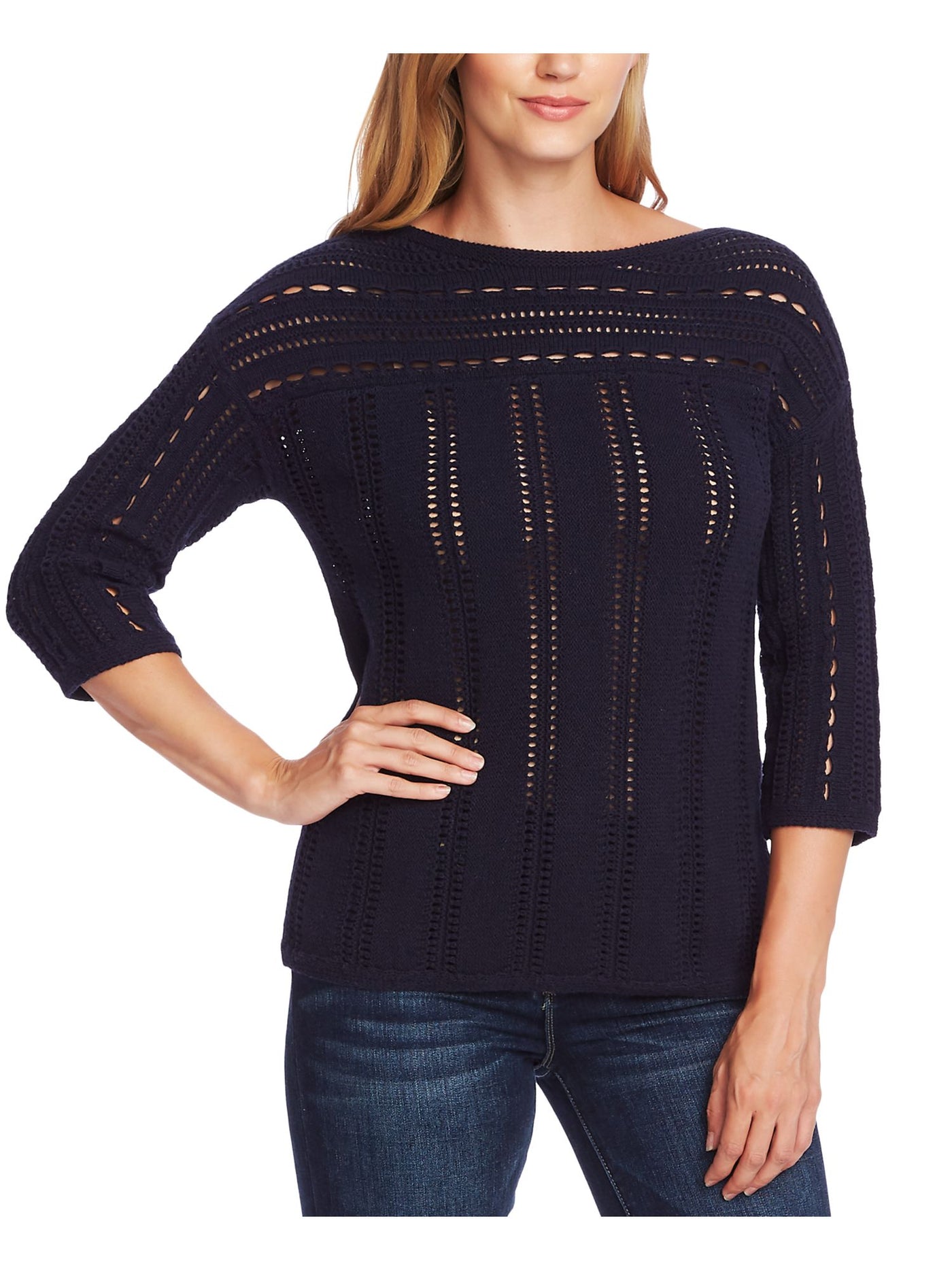 VINCE CAMUTO Womens Navy Open Knit Long Sleeve Boat Neck Sweater XS