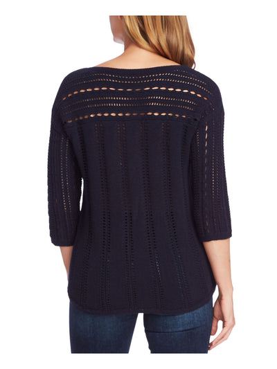 VINCE CAMUTO Womens Navy Open Knit Long Sleeve Boat Neck Sweater XS