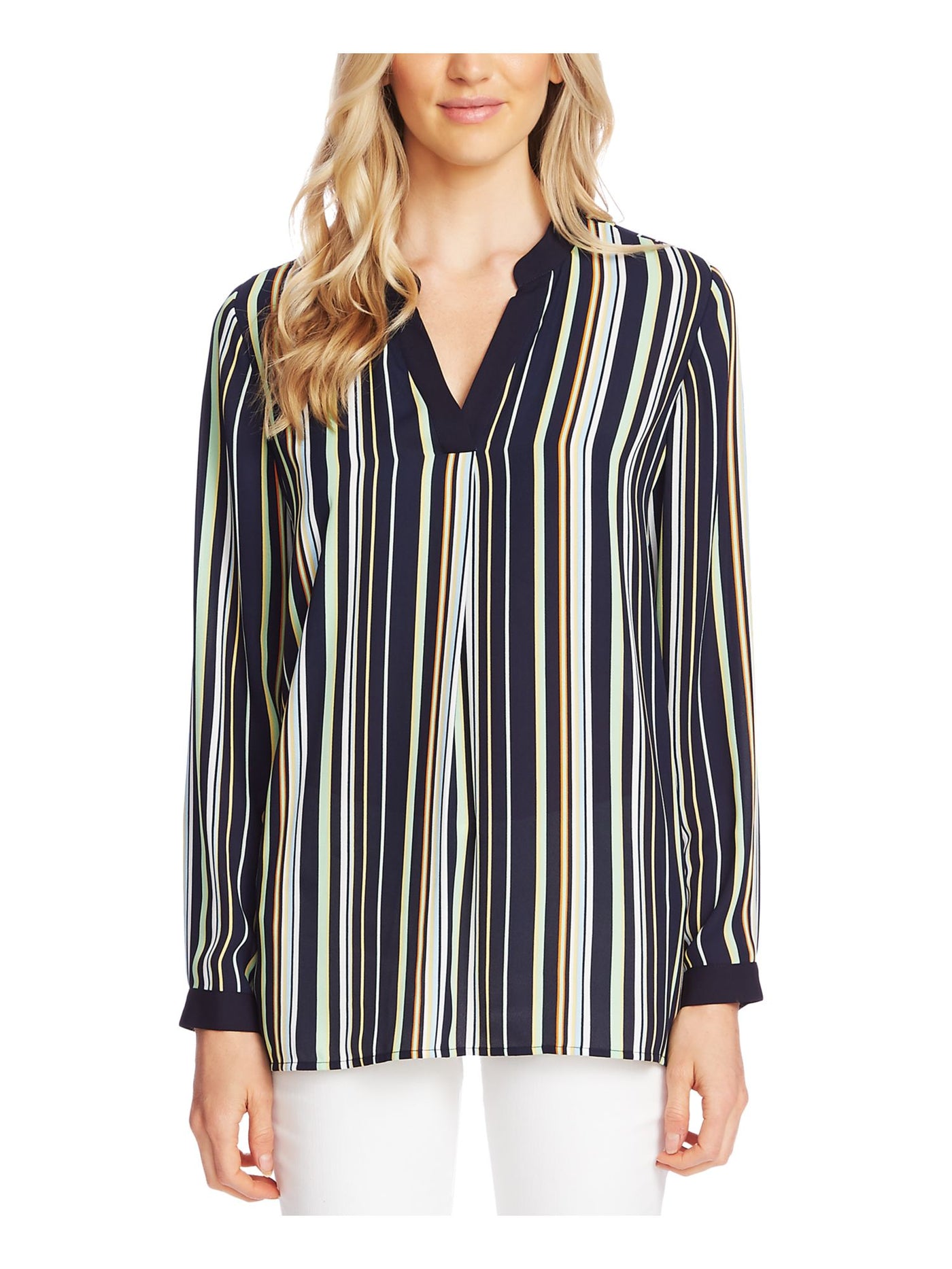 VINCE CAMUTO Womens Navy Striped Long Sleeve V Neck Tunic Top XS