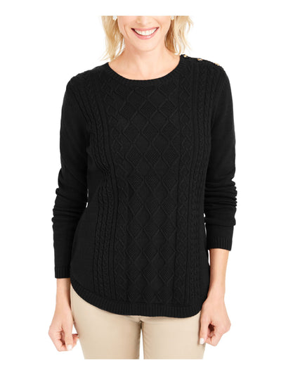 CHARTER CLUB Womens Textured Embellished Cable-knit Button-shoulder Long Sleeve Jewel Neck T-Shirt