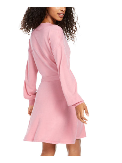 SEQUIN HEARTS Womens Pink Tie Front Long Sleeve V Neck Short Sheath Dress Juniors S