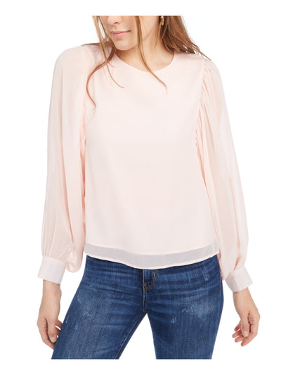 Q+A Los Angeles Womens Pink Pleated Sheer Keyhole Long Sleeve Crew Neck Top XS