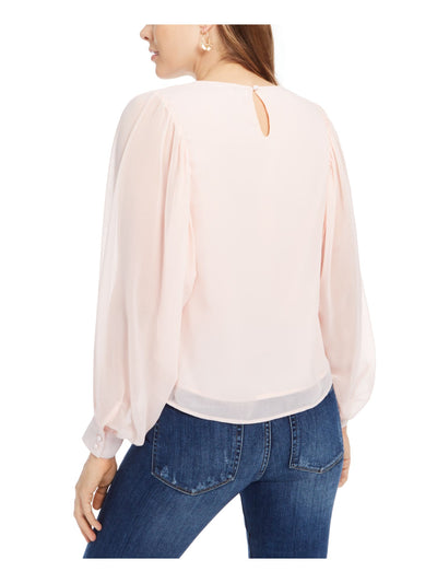 Q+A Los Angeles Womens Pink Pleated Sheer Keyhole Long Sleeve Crew Neck Top XS