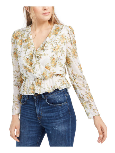 LEYDEN Womens White Ruffled Floral Long Sleeve V Neck Top M