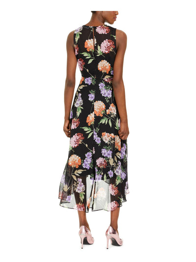 CALVIN KLEIN Womens Black Sheer Floral Sleeveless V Neck Below The Knee Evening Hi-Lo Dress 2