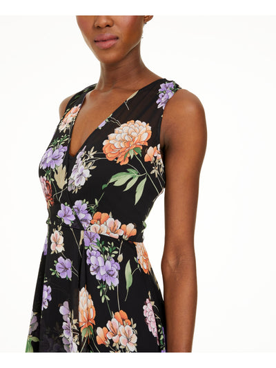 CALVIN KLEIN Womens Black Sheer Floral Sleeveless V Neck Below The Knee Evening Hi-Lo Dress 2