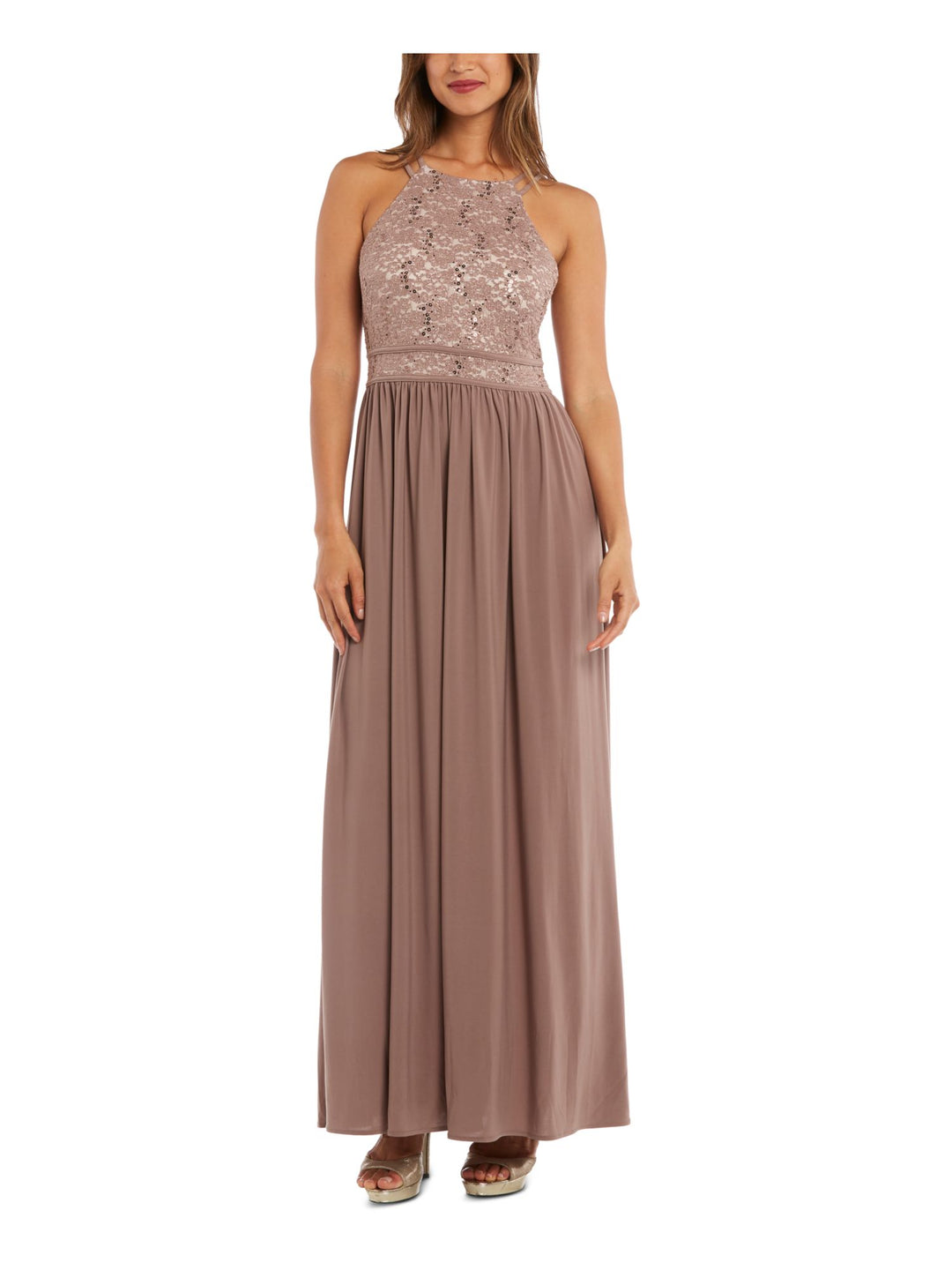 NW Nightway Womens Halter Sequin Formal Dress Taupe 4