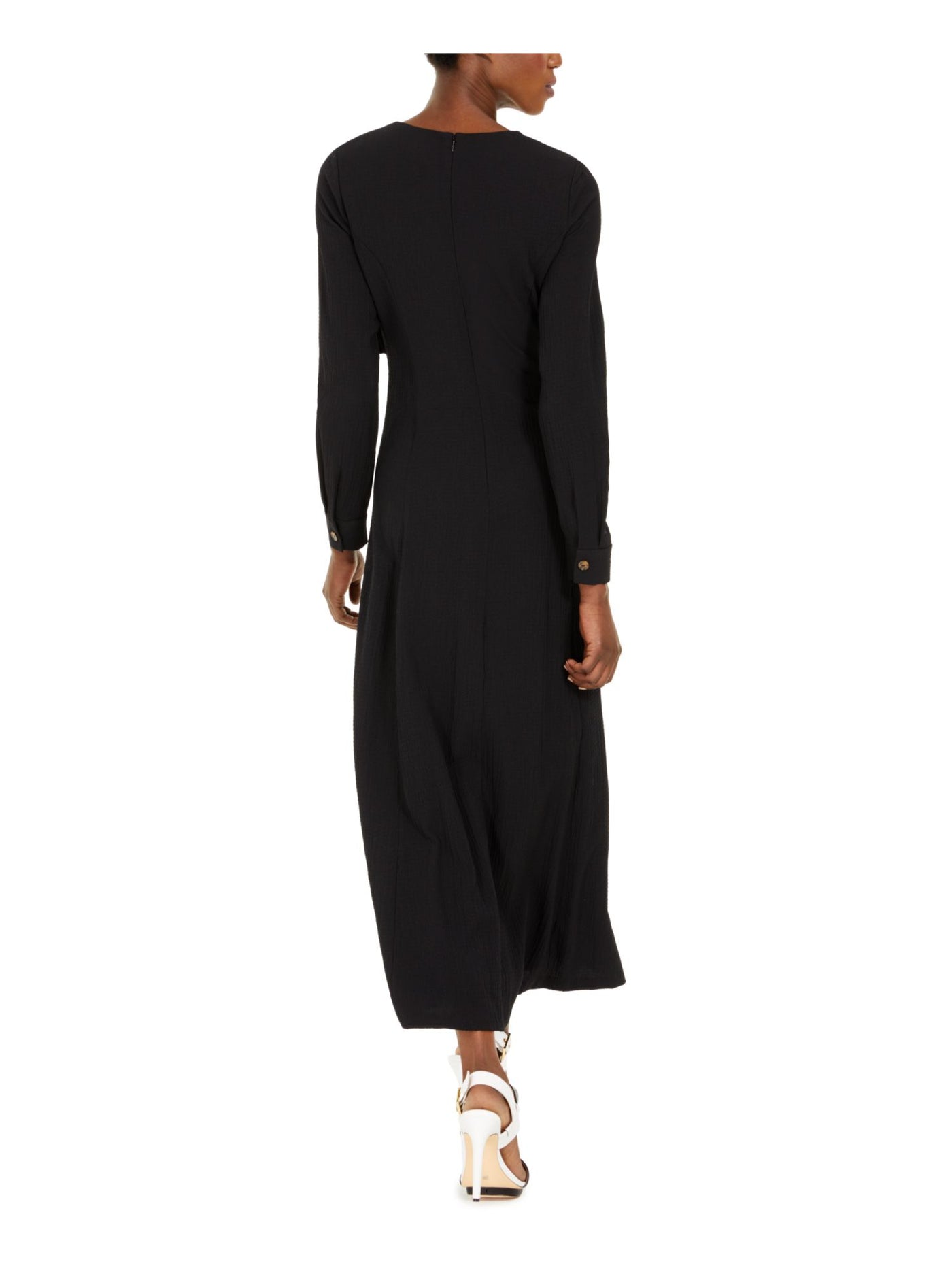 CALVIN KLEIN Womens Black Long Sleeve V Neck Midi Fit + Flare Dress 2