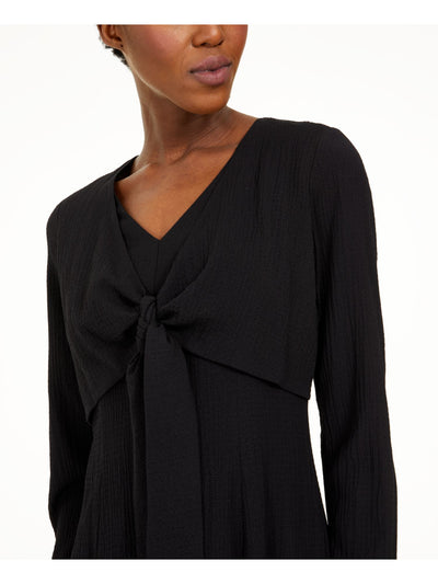CALVIN KLEIN Womens Black Long Sleeve V Neck Midi Fit + Flare Dress 2