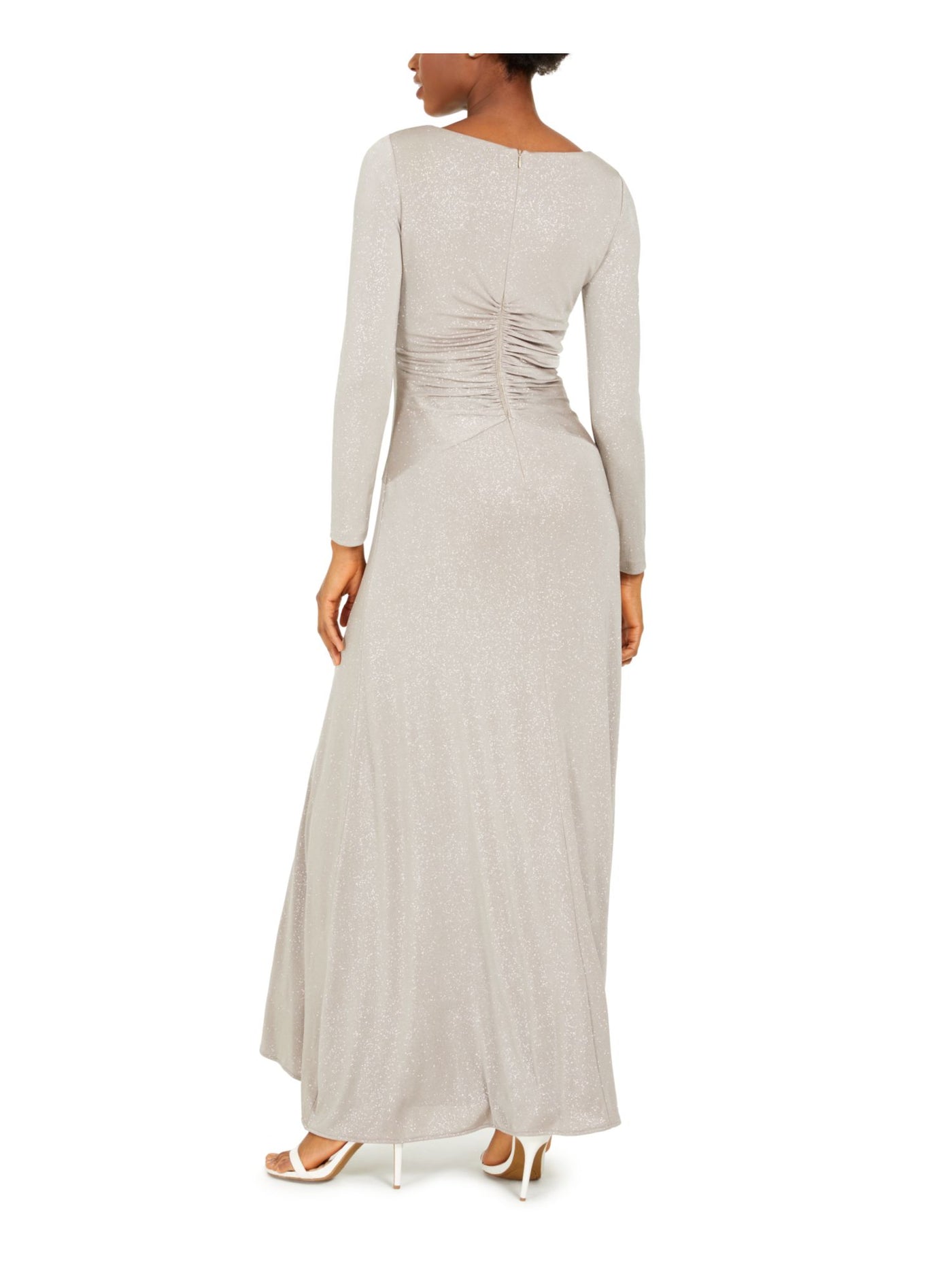 ELIZA J Womens Ruched Slitted Glitter Long Sleeve V Neck Full-Length Evening Dress