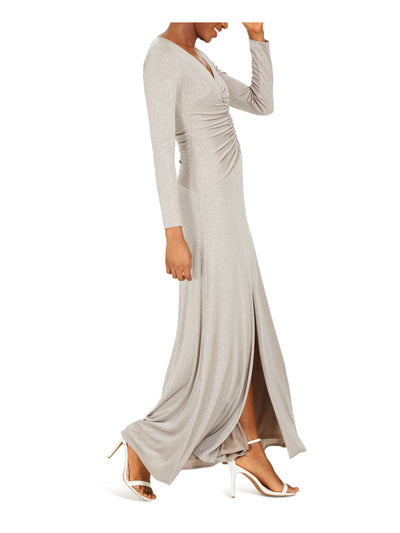 ELIZA J Womens Beige Ruched Slitted Glitter Long Sleeve V Neck Full-Length Evening Dress 6