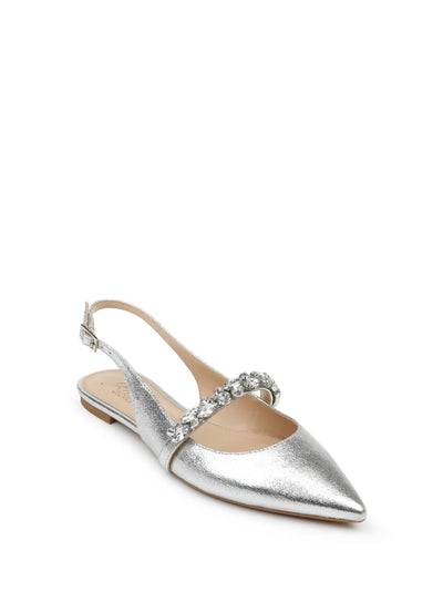 JEWEL BADGLEY MISCHKA Womens Silver Rhinestone Cushioned Bambi Pointed Toe Block Heel Buckle Flats Shoes 5.5 M