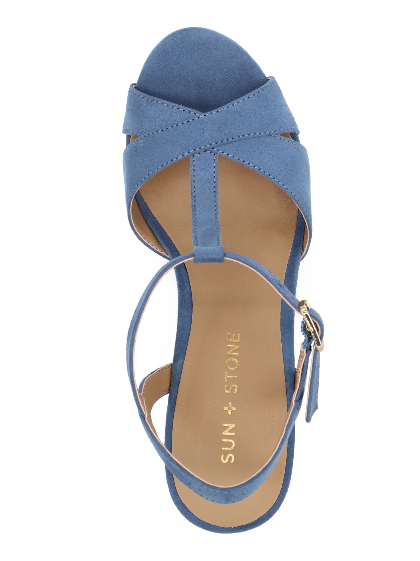 SUN STONE Womens Blue T-Strap Slip Resistant Jamie Round Toe Block Heel Buckle Slingback Sandal 10.5 M