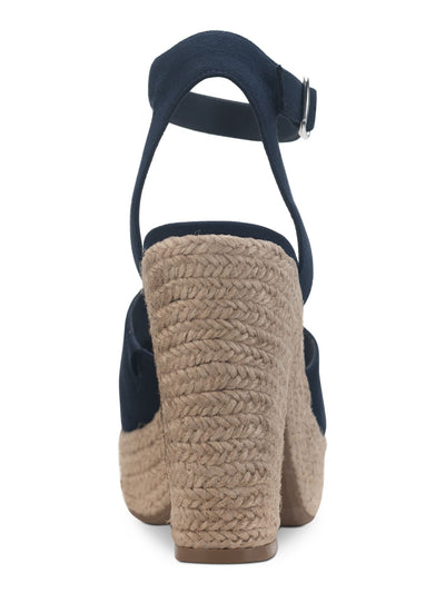 SUN STONE Womens Navy 1" Platform Slingback Padded Slip Resistant Fey Peep Toe Block Heel Buckle Espadrille Shoes 11 M