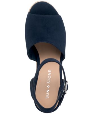 SUN STONE Womens Navy 1" Platform Slingback Padded Slip Resistant Fey Peep Toe Block Heel Buckle Espadrille Shoes M