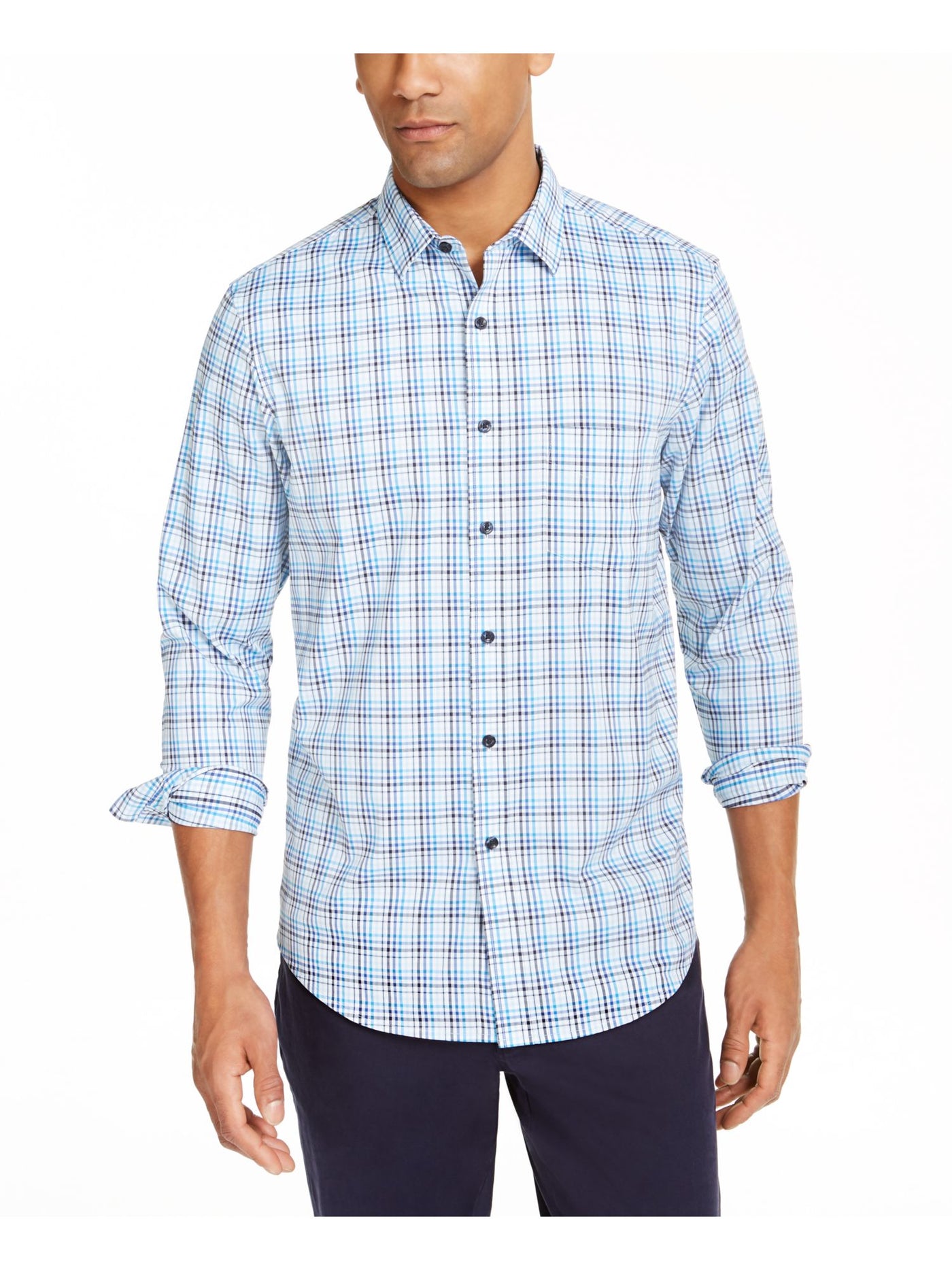 CLUBROOM Mens Blue Framed Gingham Classic Fit Button Down Performance Stretch Casual Shirt M