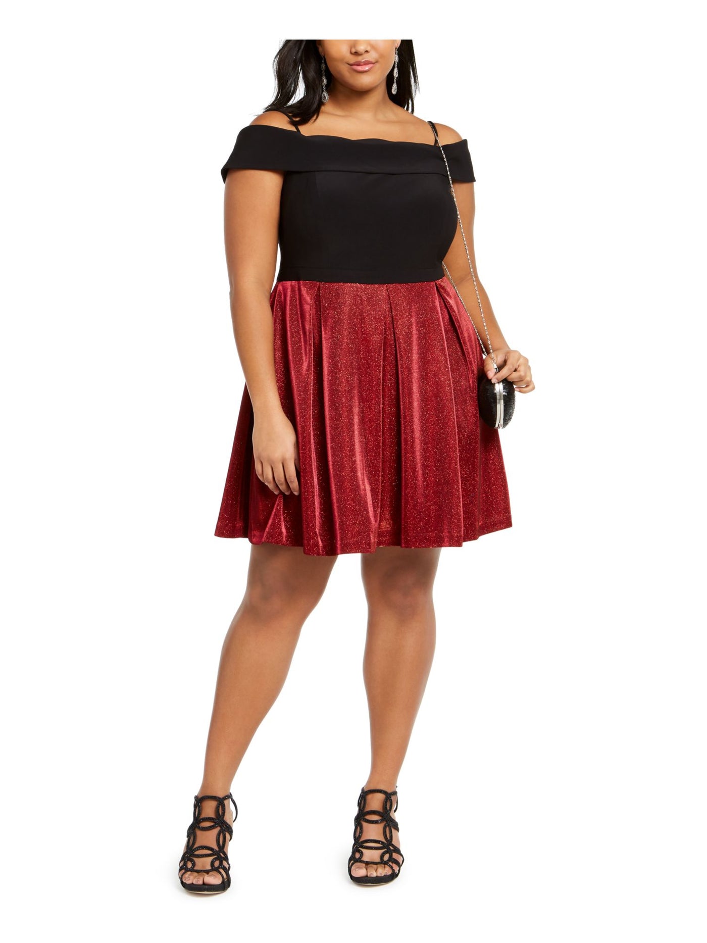 MORGAN & CO Womens Red Glitter Short Sleeve Off Shoulder Above The Knee Evening Fit + Flare Dress Plus 18W